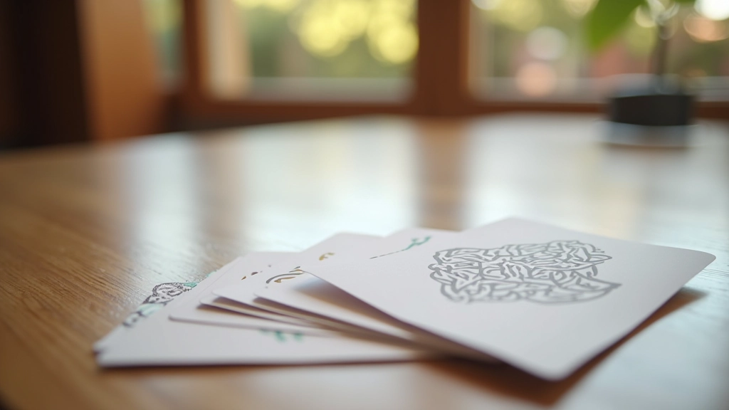 Brain teaser puzzle cards with geometric patterns and logic problems spread on wooden table