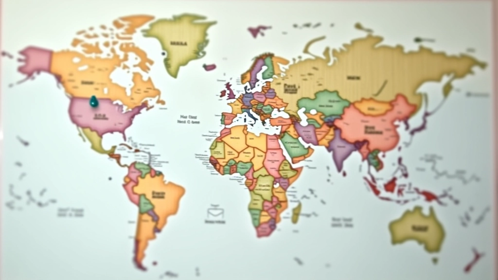 World map with highlighted countries and geographic regions marked with colored pins and annotations