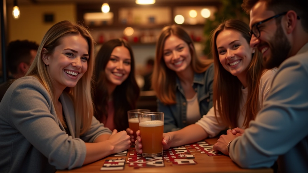 Friends laughing and celebrating around table at themed costume trivia night event