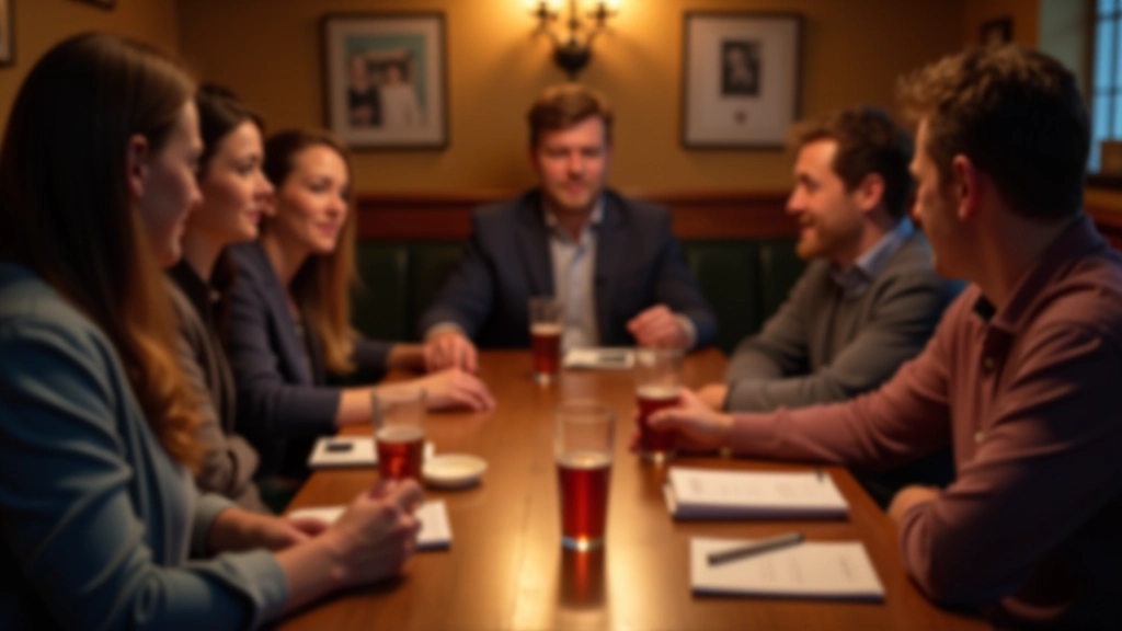 Group of adults gathered around a pub table playing trivia game together