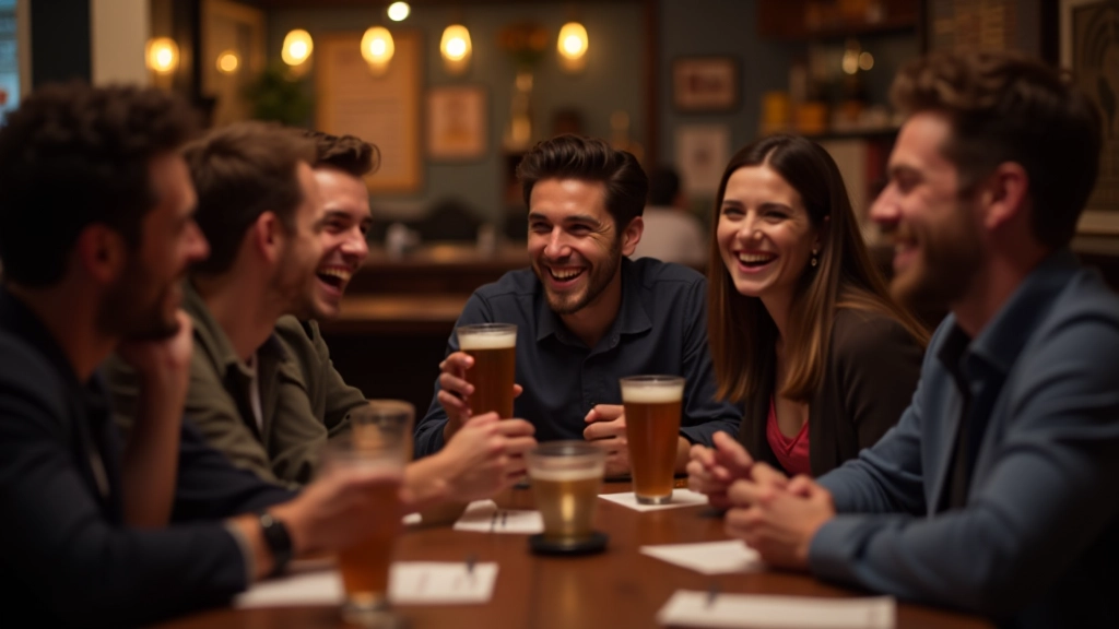 Friends enjoying trivia night celebration at pub with quiz scoreboard visible