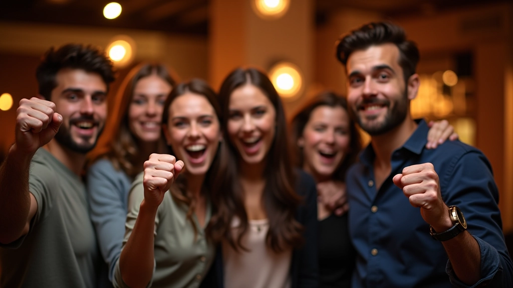 Diverse team of five adults celebrating with fists raised in triumph at pub quiz victory