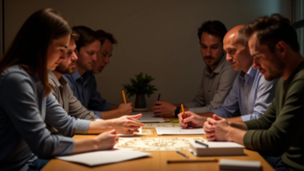 Group of adults collaborating on puzzle solving exercise with thoughtful expressions and notes