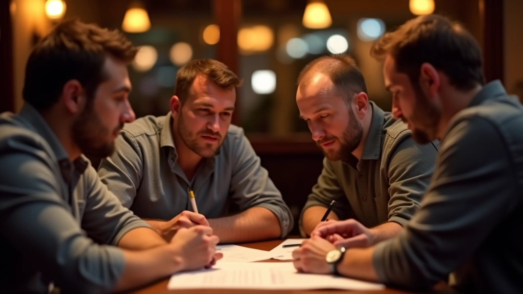 Group of four adults aged 28-45 concentrating around a table with quiz papers and pens under warm pub lighting