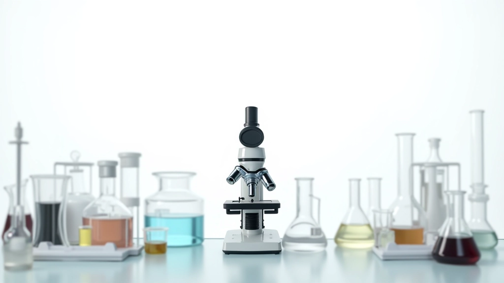Scientific laboratory equipment including microscope, test tubes with colored liquids, and beakers arranged on white surface