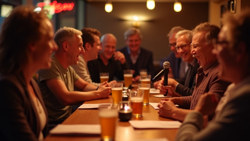 Vibrant trivia quiz night with teams competing and enjoying drinks together