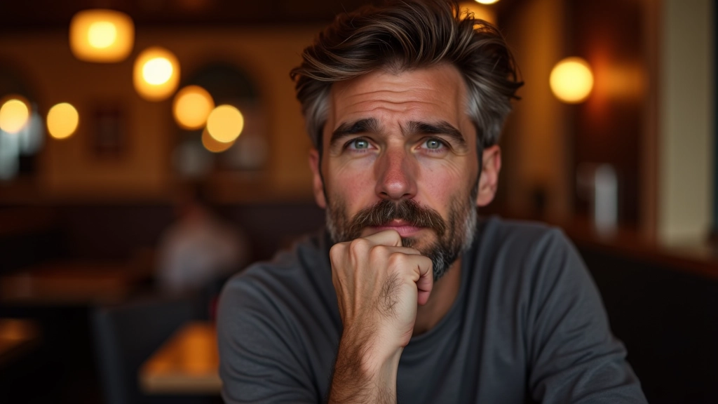 Man aged 40 with thoughtful expression, hand on chin, contemplating quiz question in pub setting