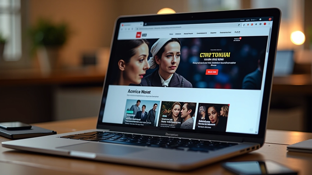 Laptop displaying entertainment news website with movie posters and award show information visible on screen