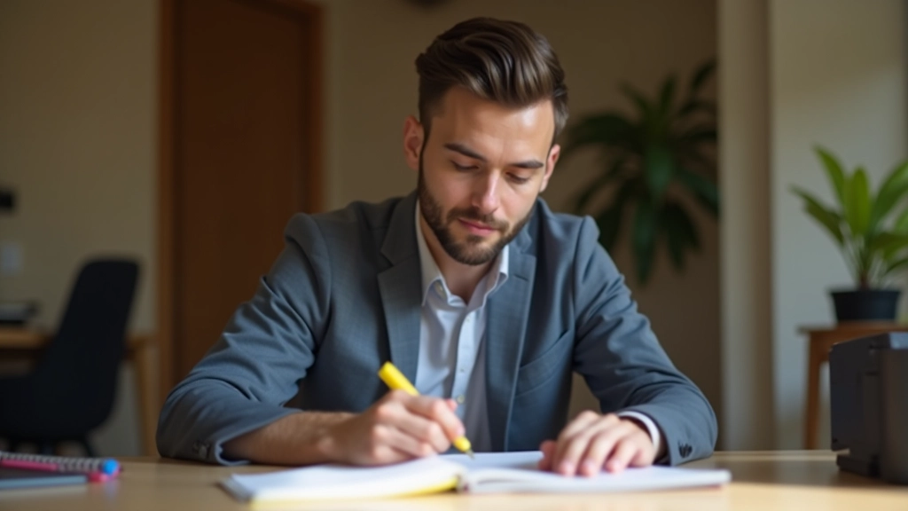 Student with organized study materials and color-coded notes spread across wooden desk with coffee