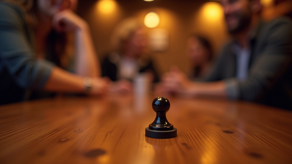 Close-up of quiz buzzer or bell on wooden table with blurred pub background and team members