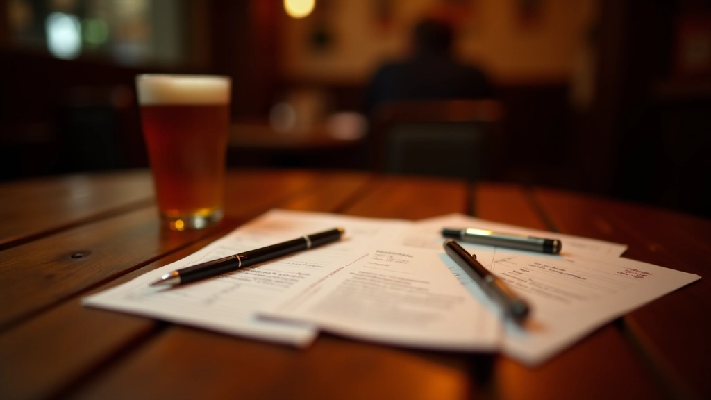 Organized quiz night scorecard and note pad on wooden pub table with ambient lighting