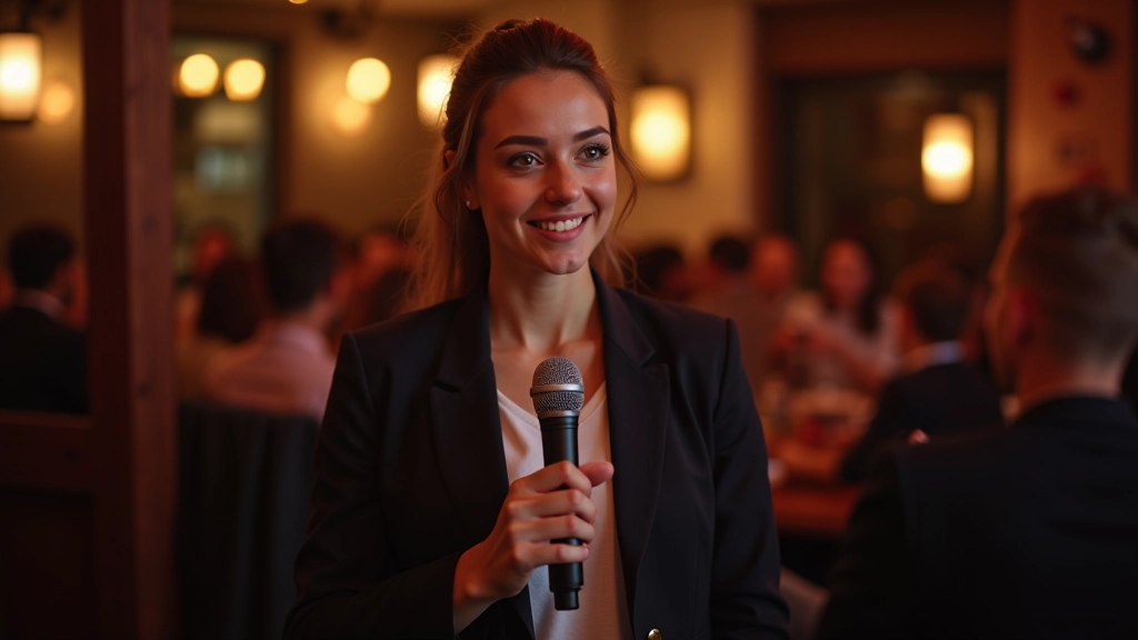 Confident woman in casual attire speaking at a pub quiz microphone with audience in background